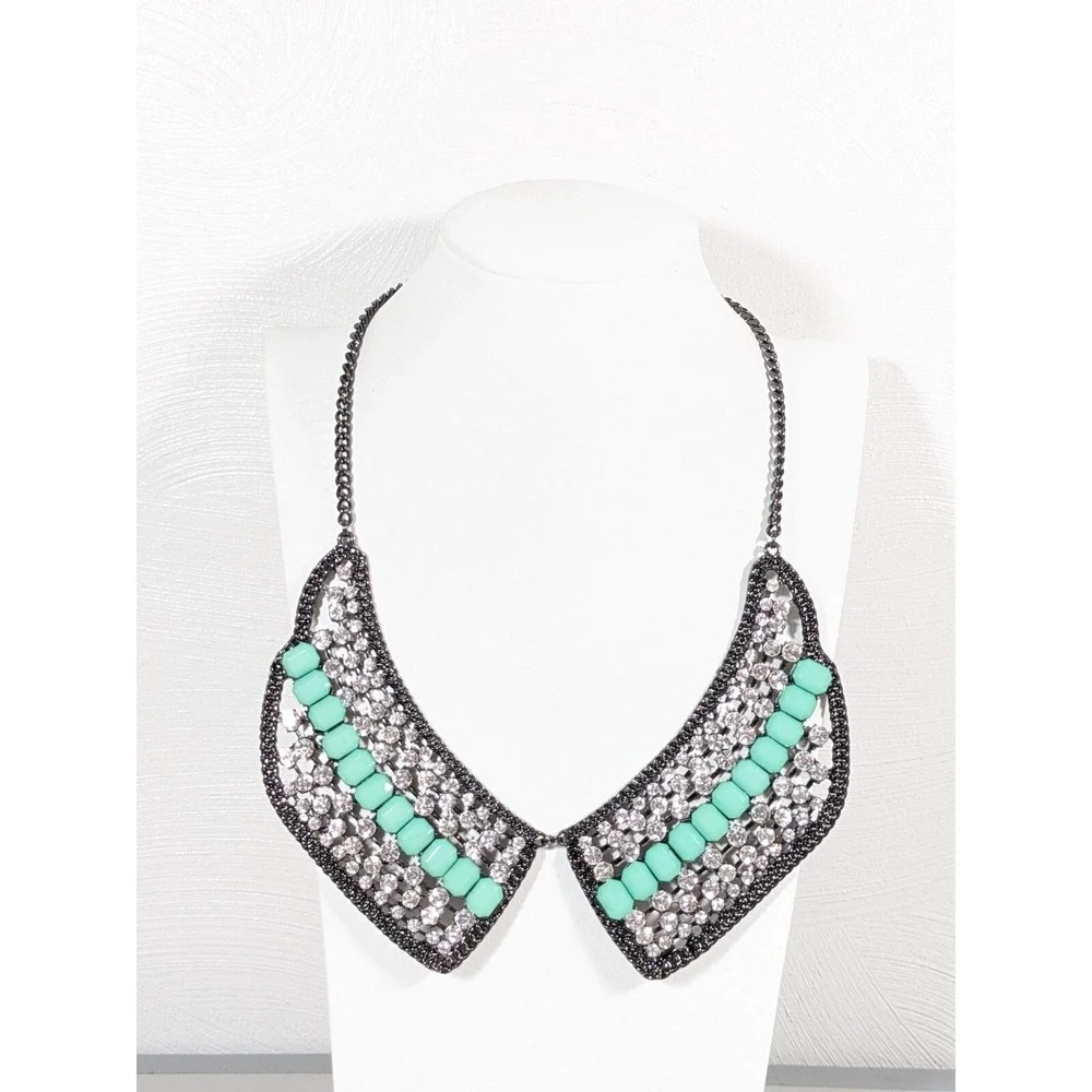 Gunmetal Gray Green‎ Clear Crystal Panel Wide Collar Statement Necklace 21 in